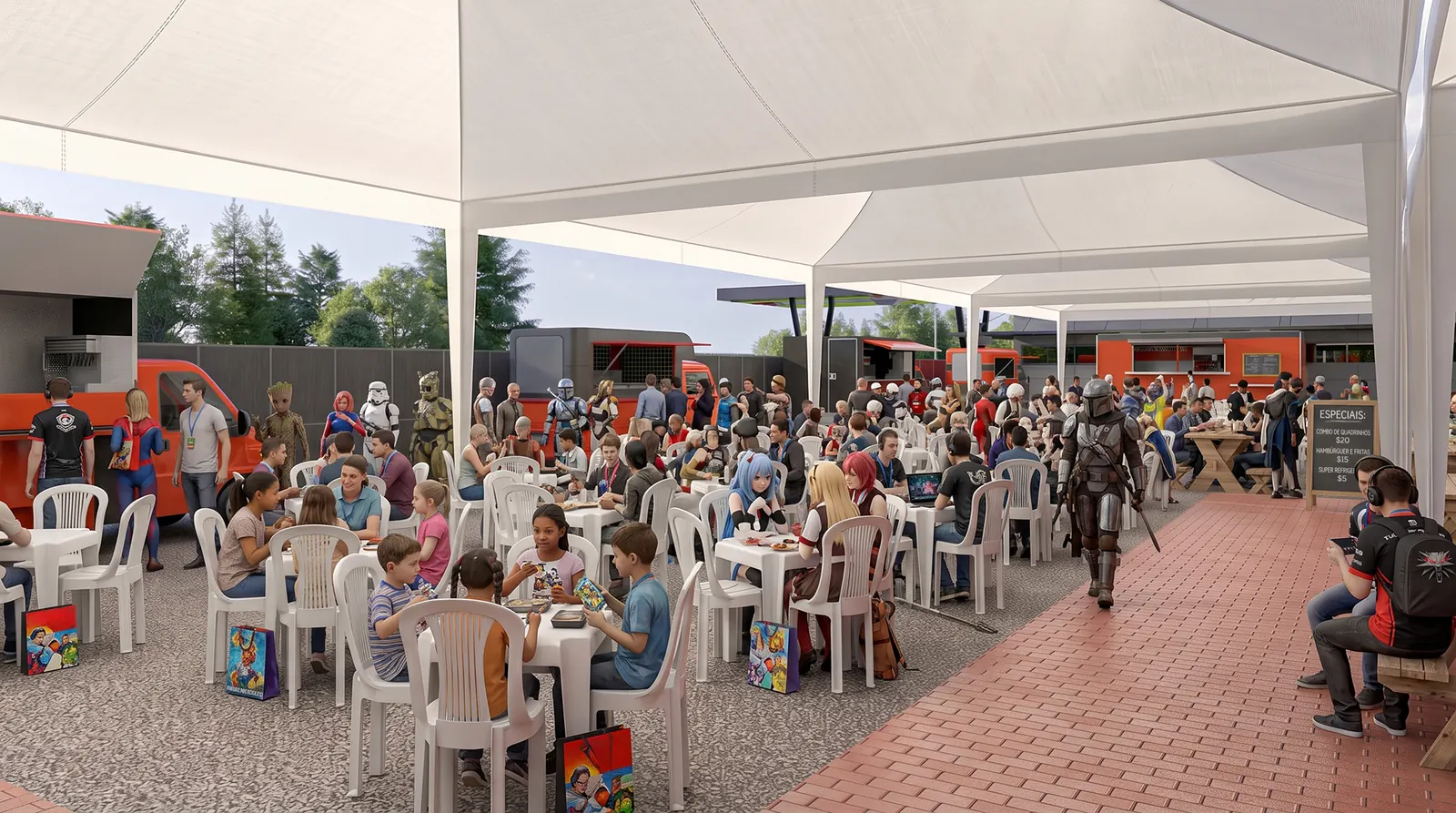 Imagem ilustrativa de visitantes aproveitando a praça de alimentação