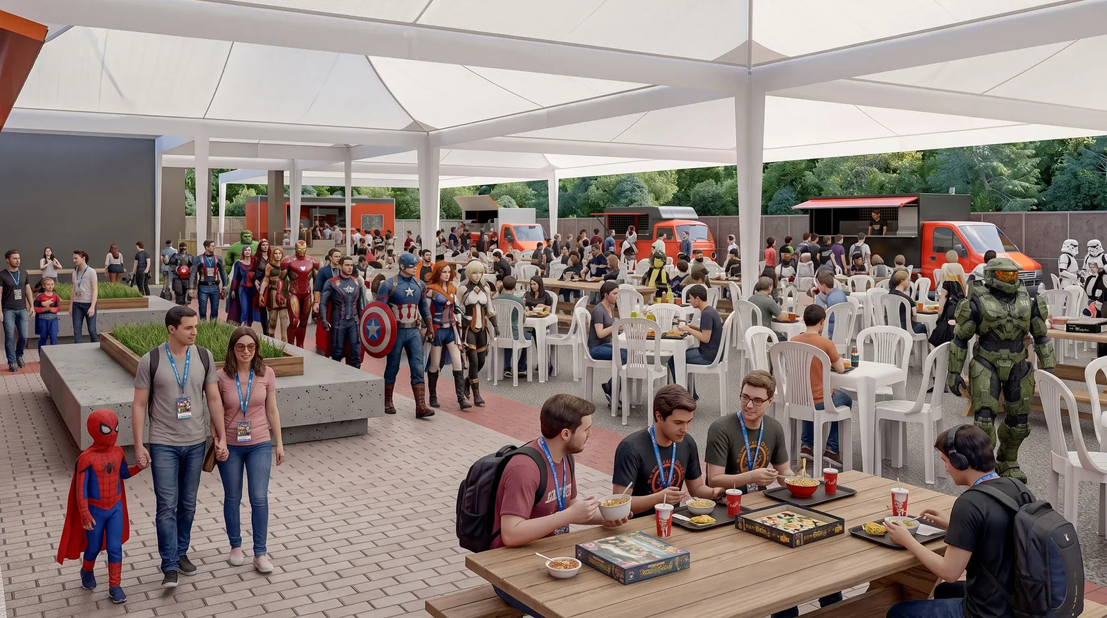 Imagem ilustrativa de food trucks e mesas na praça de alimentação